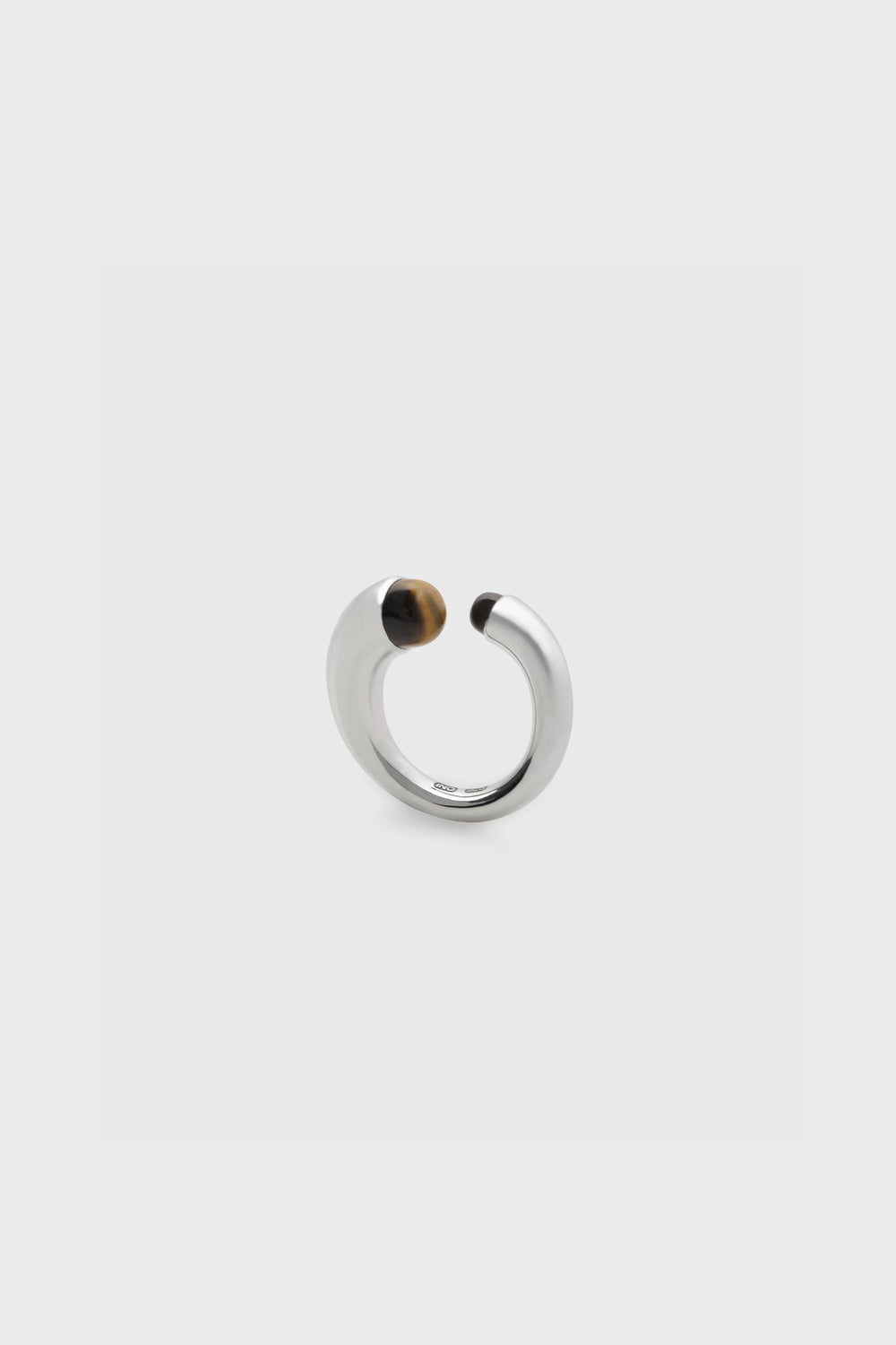 Mushroom Ring sterling silver open ring with tiger's eye stone ends, front view showing bypass silhouette and rounded band